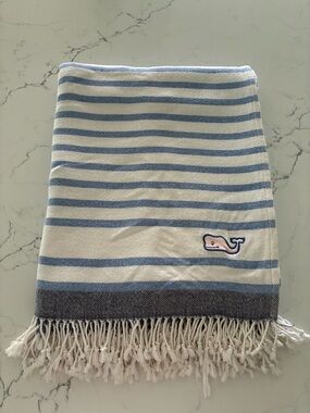 Vineyard Vines Blue and White Striped Throw with Whale Patch